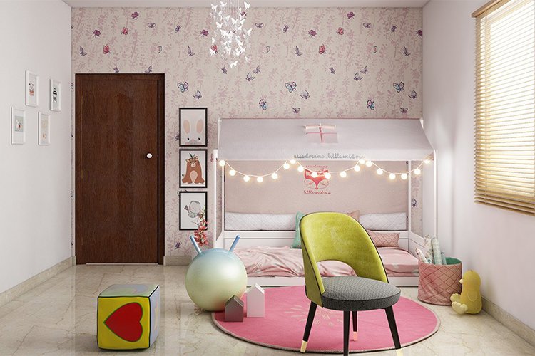 A children's room with white fairy lights